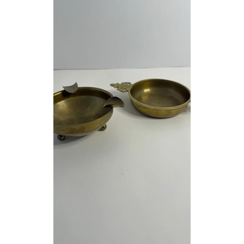 Vintage Solid Brass 3-Slot Ashtray & Decorative Handled Dish - Set of 2